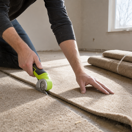 A room of carpet, cut into strips one person can carry