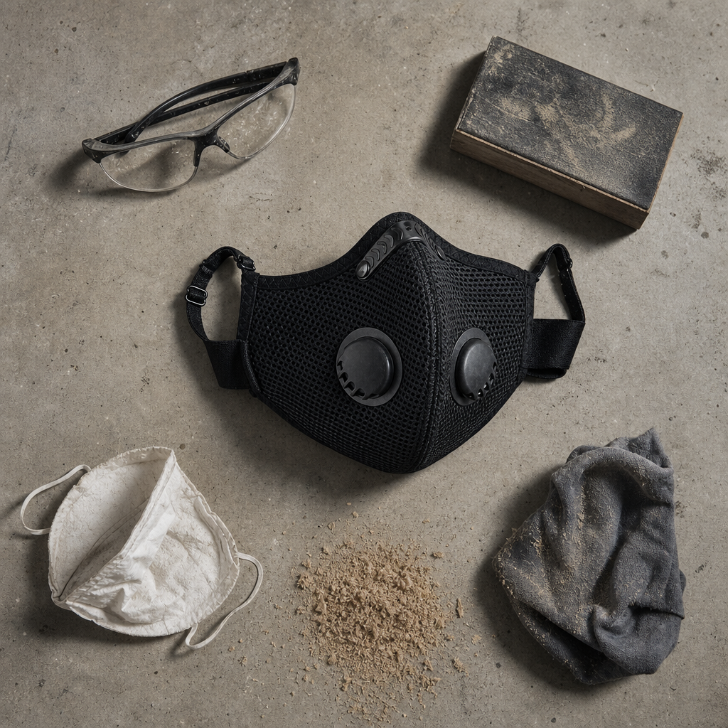 Mask flatlay: with safety glasses, a sanding block, sawdust and the paper mask it replaces