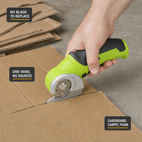 Cutting a moving box, badged: no blade to replace, one hand no squeeze, cardboard carpet foam