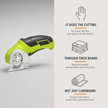Three benefits: it does the cutting, through thick board, not just cardboard