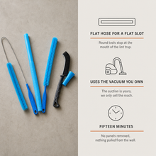 Vacuum benefits: flat hose for a flat slot, uses the vacuum you own, fifteen minutes