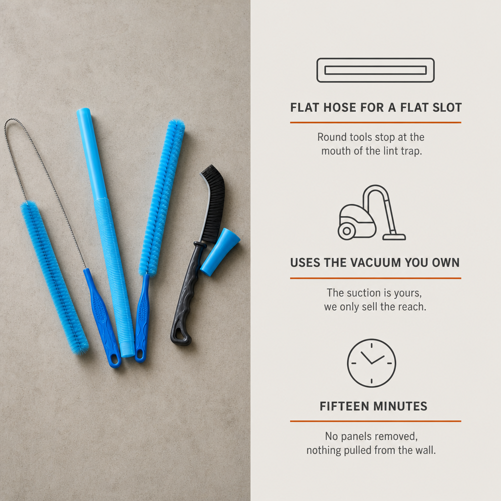 Vacuum benefits: flat hose for a flat slot, uses the vacuum you own, fifteen minutes