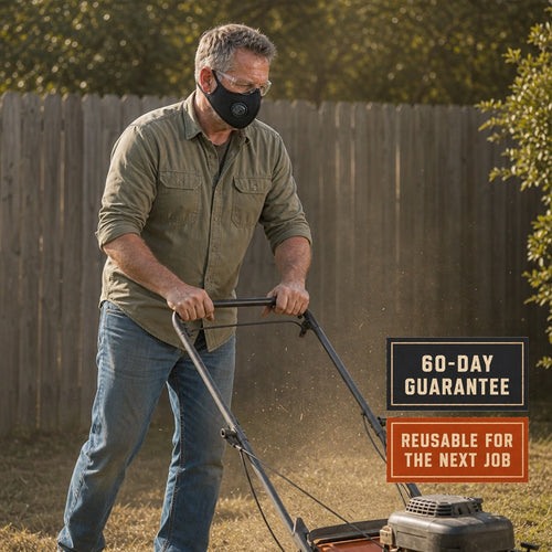Man mowing a dry lawn while wearing the Dustward reusable dust and pollen work mask, with 60-day guarantee and reusable-for-the-next-job badges