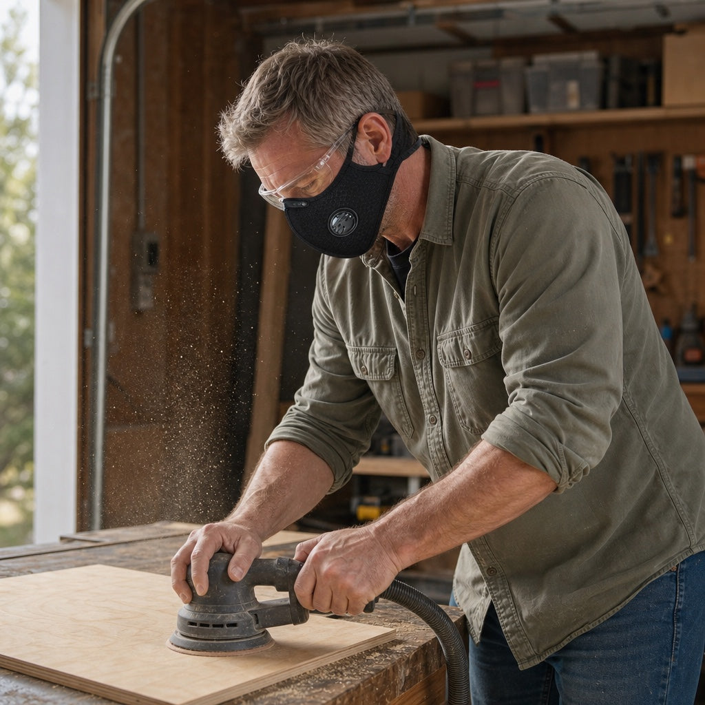 Man sanding plywood while wearing the Dustward reusable work mask