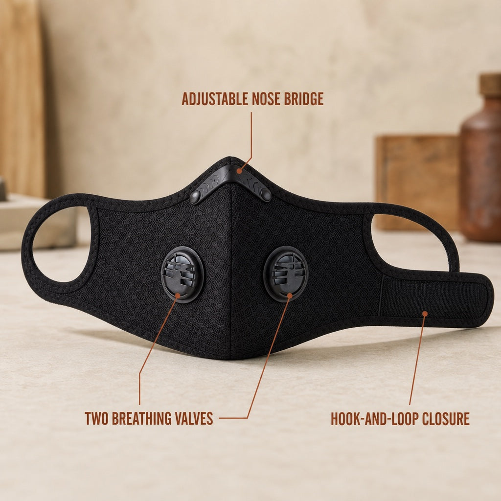 Dustward mask with two breathing valves, adjustable nose bridge, and rear hook-and-loop closure