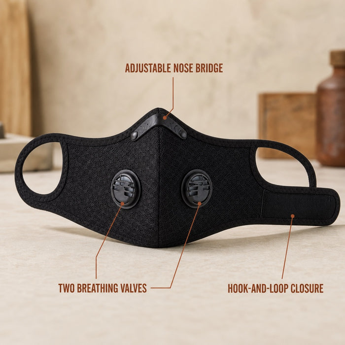 Dustward mask with two breathing valves, adjustable nose bridge and hook-and-loop rear closure