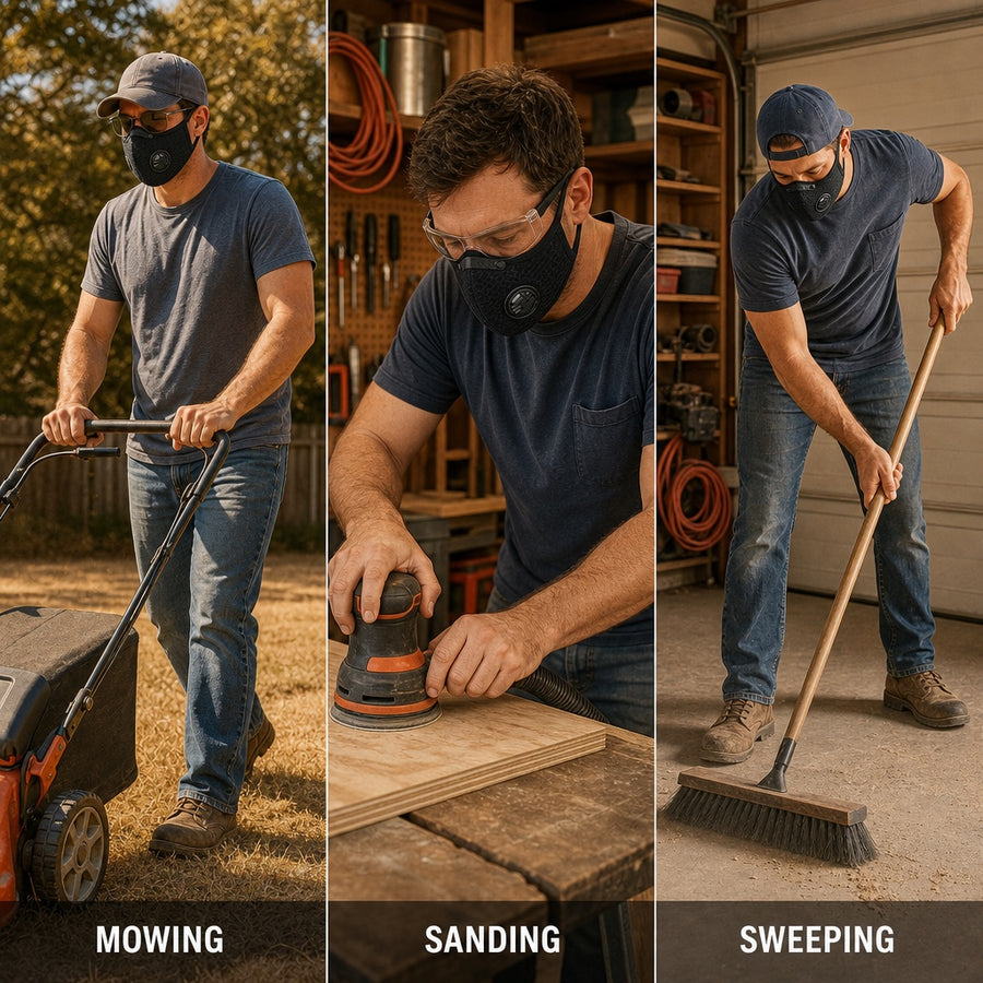 Mowing, sanding and sweeping put material in the air