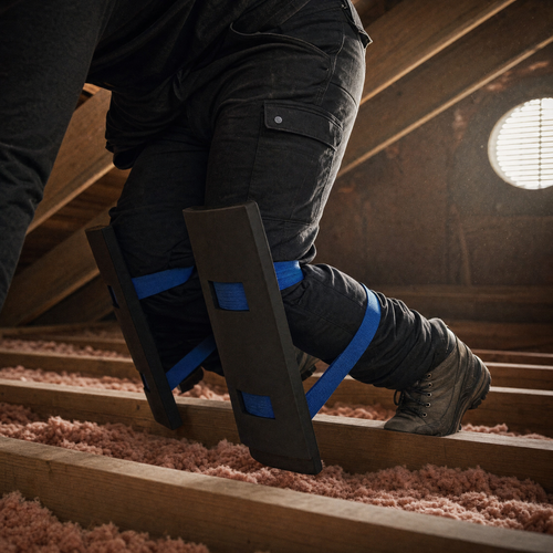 Both shells worn on the knees while crawling forward across bare attic joists, the shin covered and the joist edge not touching the leg