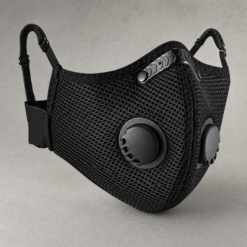 The reusable dust and pollen mask, showing the moulded nose bridge, the mesh shell and its two exhalation valves