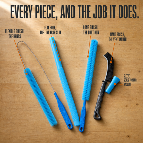Every piece and the job it does: flexible brush for the bends, flat hose for the lint trap slot, long brush for the duct run, hand brush for the vent mouth, sleeve to seal to your vacuum