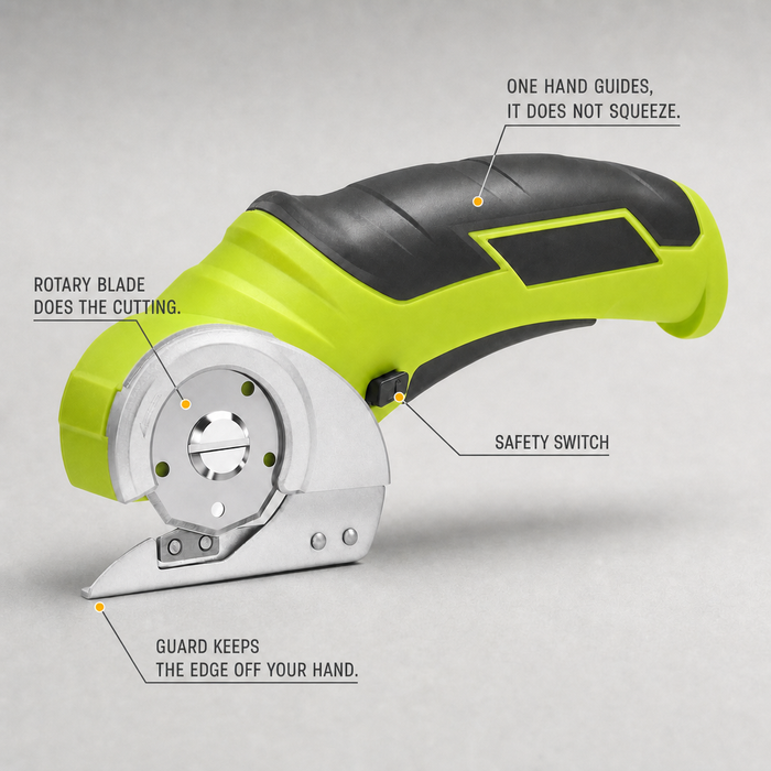 Callout diagram of the cutter with its blade, guard, safety switch and grip labelled