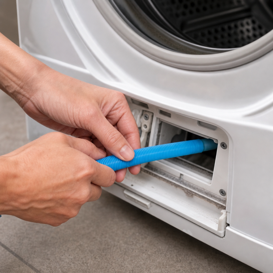 Blue flat vacuum attachment entering the opening below a dryer lint screen